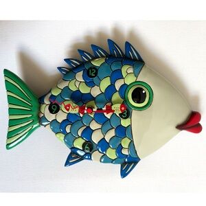 Allen Designs Fishy Lips Wall Clock Tested Works Missing Pendulum Fish Folk Art